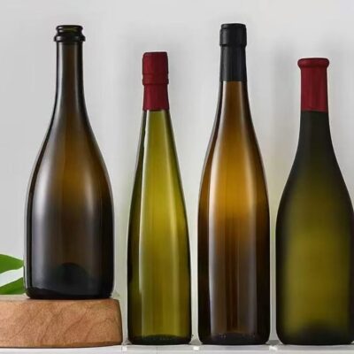 Premium glass wine and champagne bottles in antique green, amber, and clear, 187ml to 1500ml
