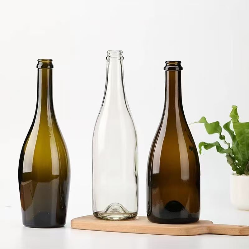 Premium glass wine bottles in antique green, amber, and flint colors, 350ml to 1500ml