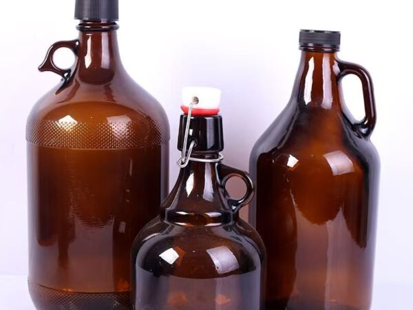 Amber and clear California glass jugs with finger handle for fermentation and storage, 500ml to 5000ml