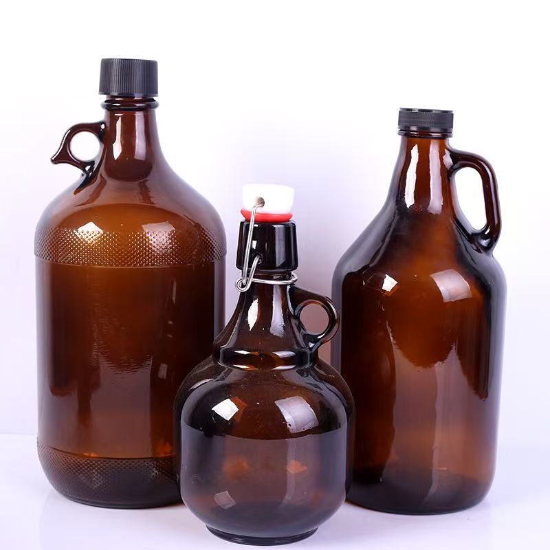 Amber and clear California glass jugs with finger handle for fermentation and storage, 500ml to 5000ml