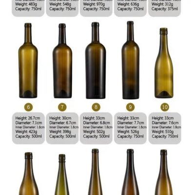 A variety of wine bottle sizes, capacities, and styles with complete sets available