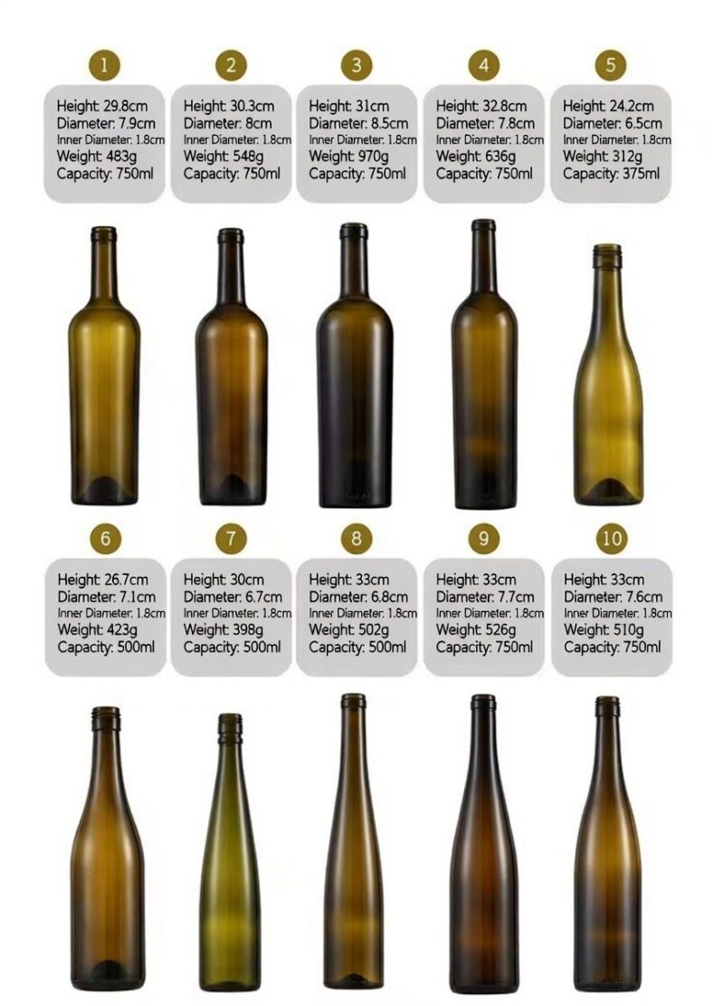A variety of wine bottle sizes, capacities, and styles with complete sets available