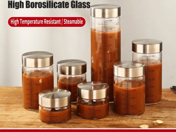 Graduated borosilicate glass storage vials with stainless steel screw caps, 75ml to 500ml