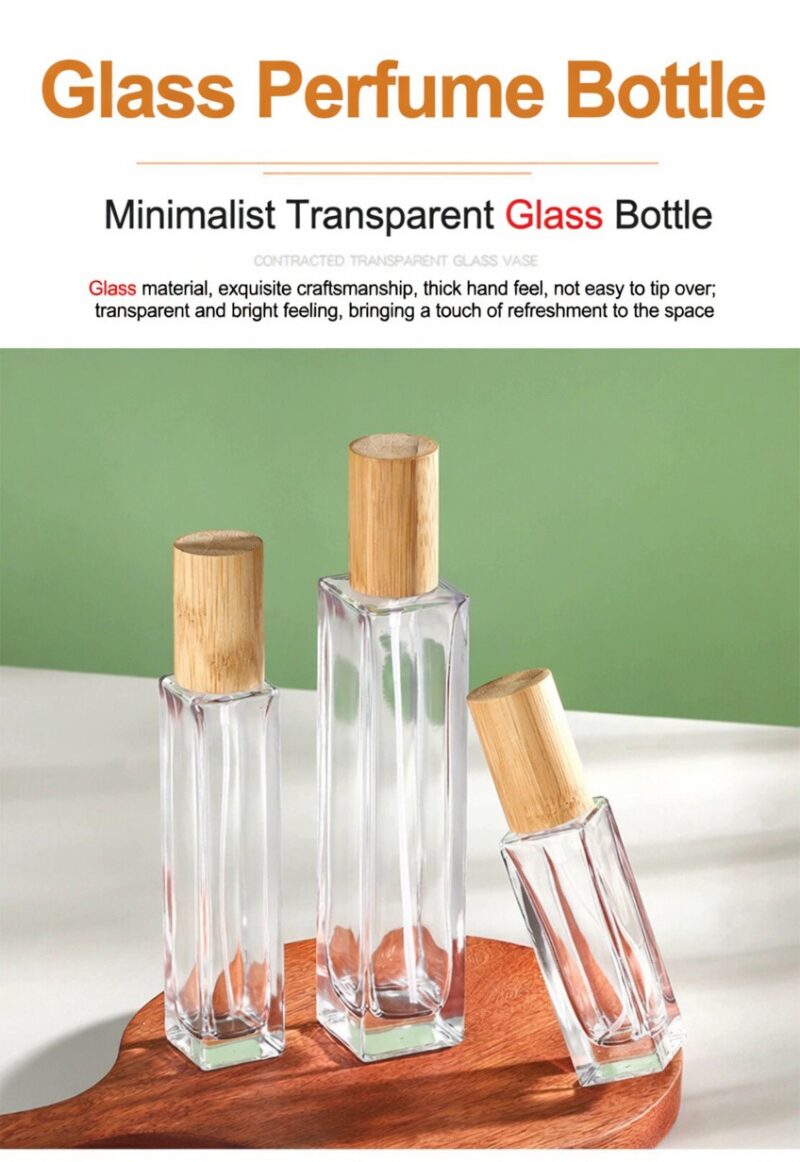 Clear glass perfume bottle with fine mist sprayer and natural bamboo overcap