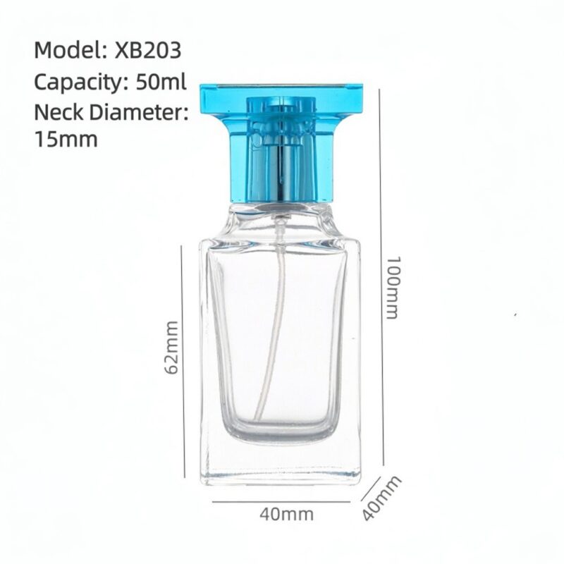 RX010,15mm Neck Diameter,50ml Luxury Square Glass Perfume Bottle with Colorful Acrylic Cap