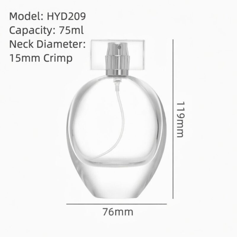 RX011,75ml Elegant Oval Glass Perfume Bottle - Crimp Neck with Acrylic & Electroplated Caps