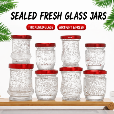 RX027 clear glass jars for bird's nest with honeycomb and vertical ribbed textures and airtight tin lids