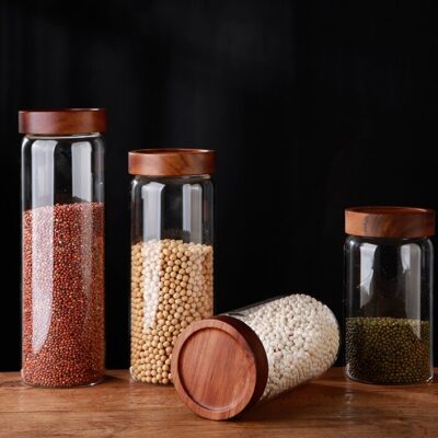 RX028 Premium Borosilicate Glass Storage Jar with Acacia Wood Screw Lid
