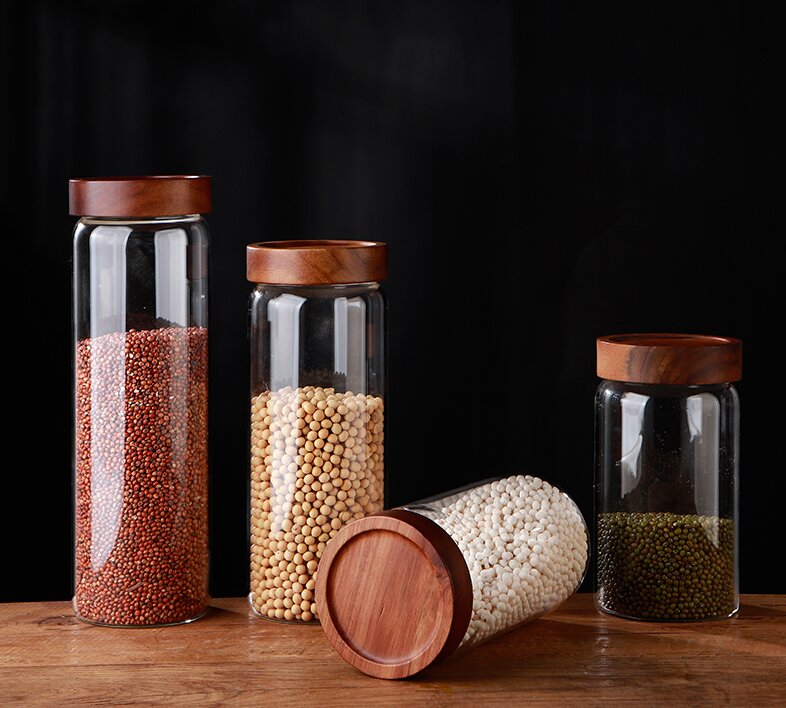 RX028 Premium Borosilicate Glass Storage Jar with Acacia Wood Screw Lid