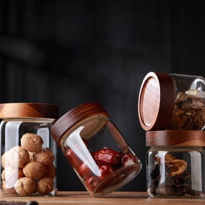 RX028 Premium Borosilicate Glass Storage Jar with Acacia Wood Screw Lid