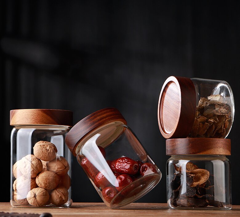 RX028 Premium Borosilicate Glass Storage Jar with Acacia Wood Screw Lid