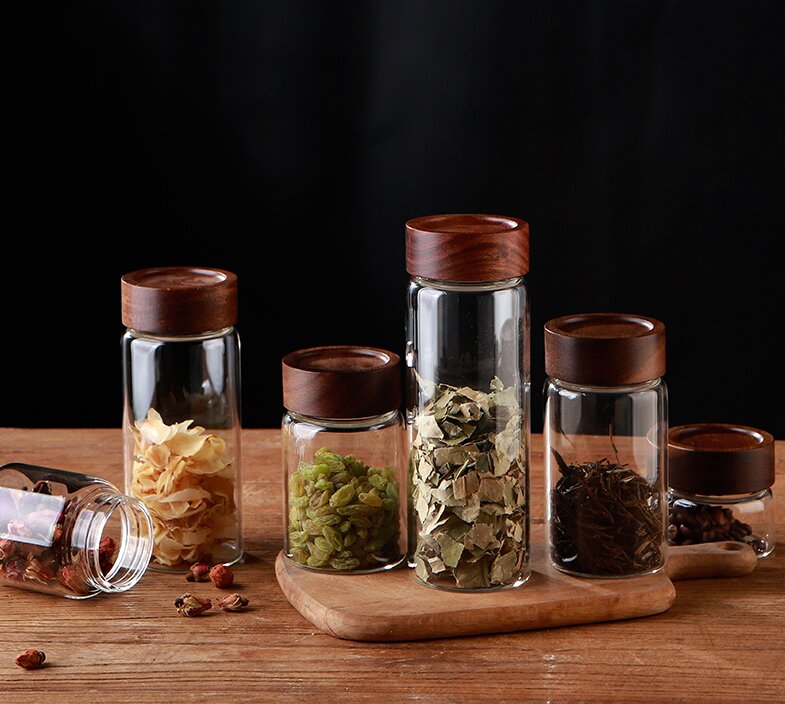 RX028 Premium Borosilicate Glass Storage Jar with Acacia Wood Screw Lid