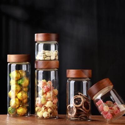 RX028 Premium Borosilicate Glass Storage Jar with Acacia Wood Screw Lid