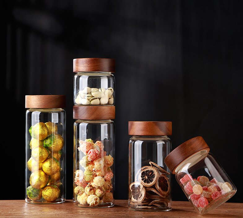 RX028 Premium Borosilicate Glass Storage Jar with Acacia Wood Screw Lid