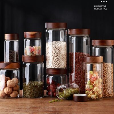 RX028 transparent borosilicate glass storage jars with acacia wood lids in various sizes from 100ml to 2000ml