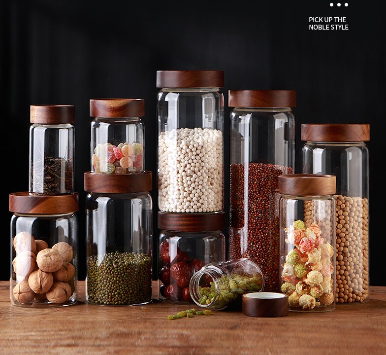 RX028 transparent borosilicate glass storage jars with acacia wood lids in various sizes from 100ml to 2000ml