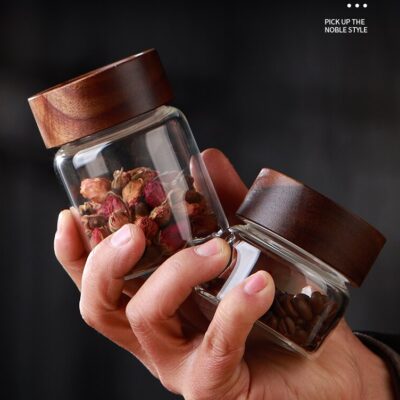 RX028 Premium Borosilicate Glass Storage Jar with Acacia Wood Screw Lid