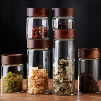 RX028 Premium Borosilicate Glass Storage Jar with Acacia Wood Screw Lid