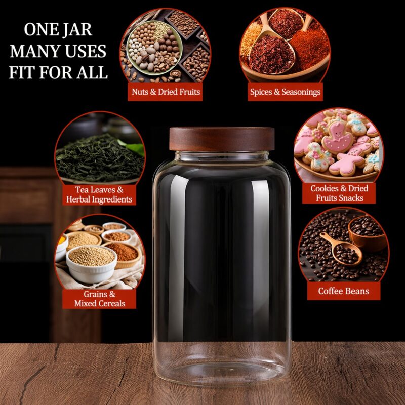 RX029 Large Capacity Borosilicate Glass Storage Jar - 130mm Wide Mouth with Acacia Wood Lid