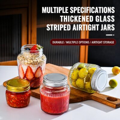 RX030 transparent ribbed glass food jars with gold and silver tin lids for jam and honey storage