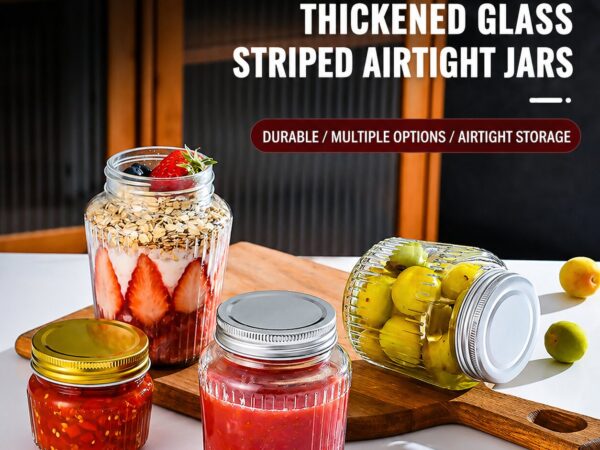 RX030 transparent ribbed glass food jars with gold and silver tin lids for jam and honey storage