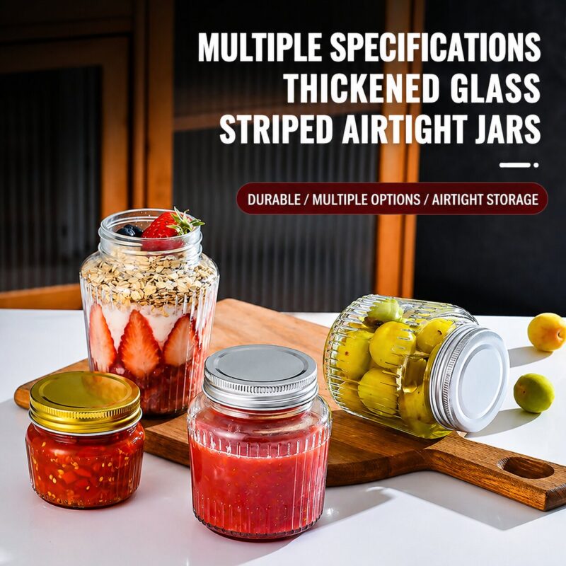 RX030 transparent ribbed glass food jars with gold and silver tin lids for jam and honey storage