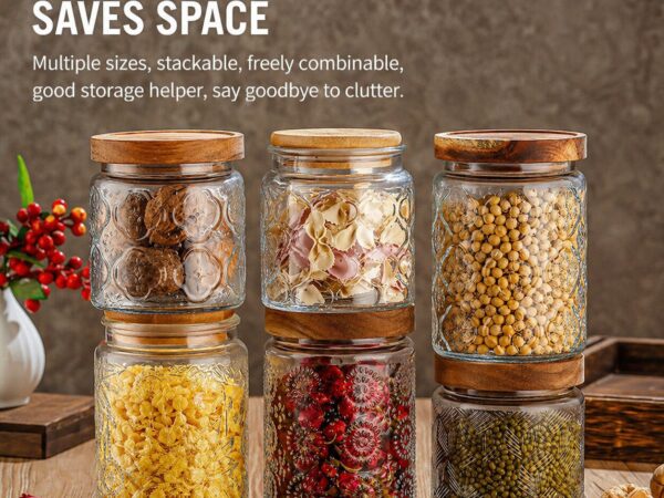 RX031 transparent embossed glass storage jars with square and round shapes and natural wood lids for food preservation