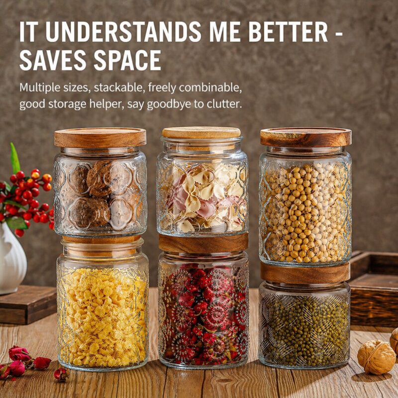 RX031 transparent embossed glass storage jars with square and round shapes and natural wood lids for food preservation