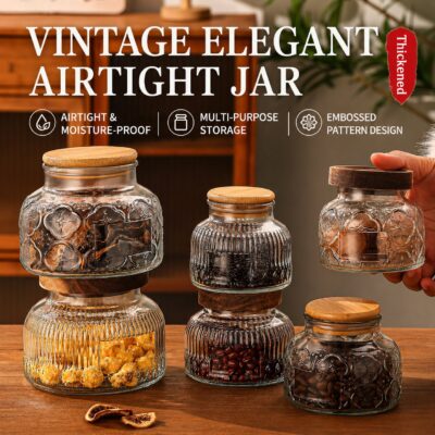 RX032 vintage embossed glass storage jars with Begonia and Dandelion patterns featuring acacia wood and bamboo lids
