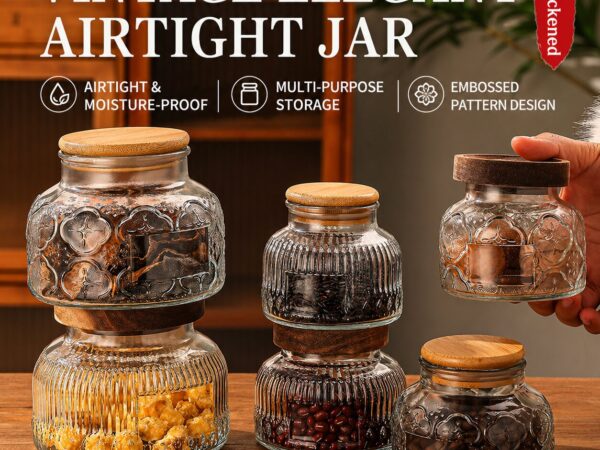 RX032 vintage embossed glass storage jars with Begonia and Dandelion patterns featuring acacia wood and bamboo lids