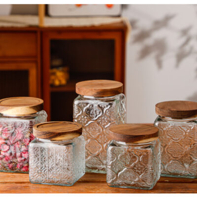RX036 Vintage Relief Glass Storage Jar - Square & Round Shapes with Wood Lid