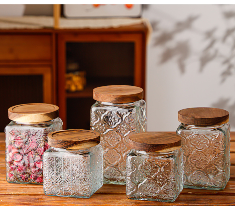RX036 Vintage Relief Glass Storage Jar - Square & Round Shapes with Wood Lid