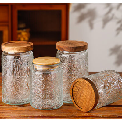 RX036 Vintage Relief Glass Storage Jar - Square & Round Shapes with Wood Lid