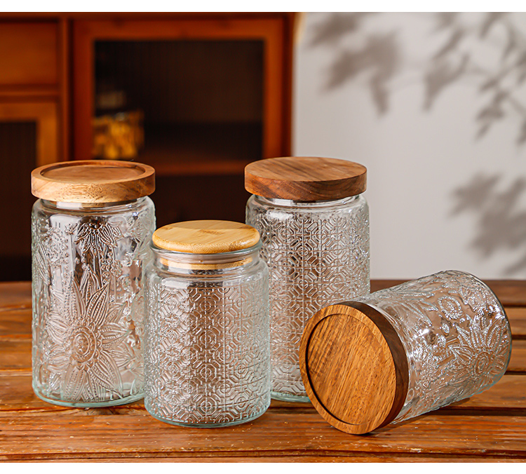 RX036 Vintage Relief Glass Storage Jar - Square & Round Shapes with Wood Lid
