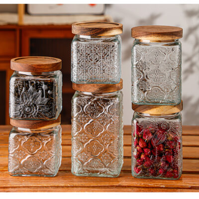 RX036 Vintage Relief Glass Storage Jar - Square & Round Shapes with Wood Lid