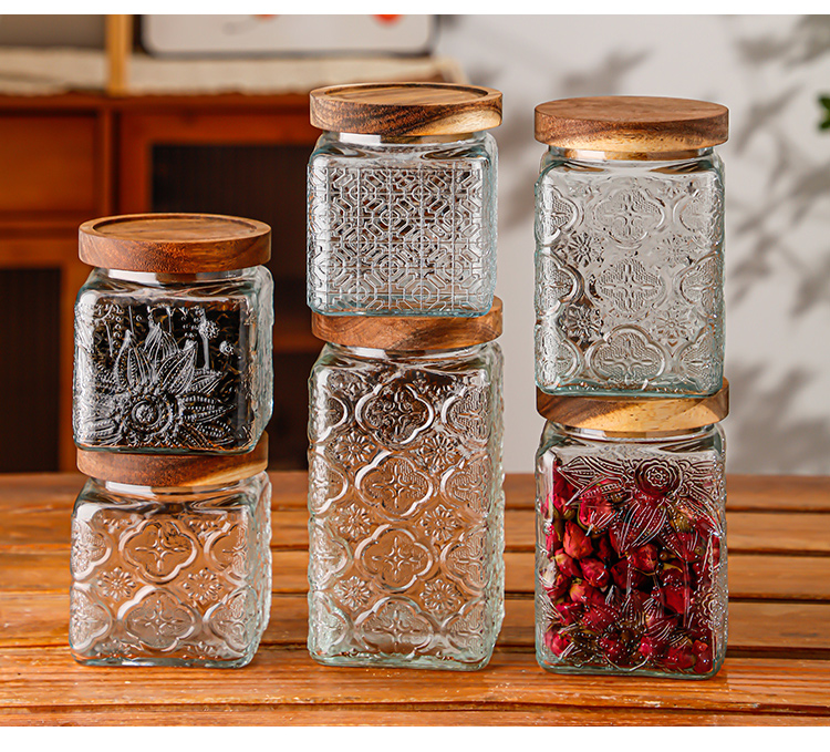 RX036 Vintage Relief Glass Storage Jar - Square & Round Shapes with Wood Lid