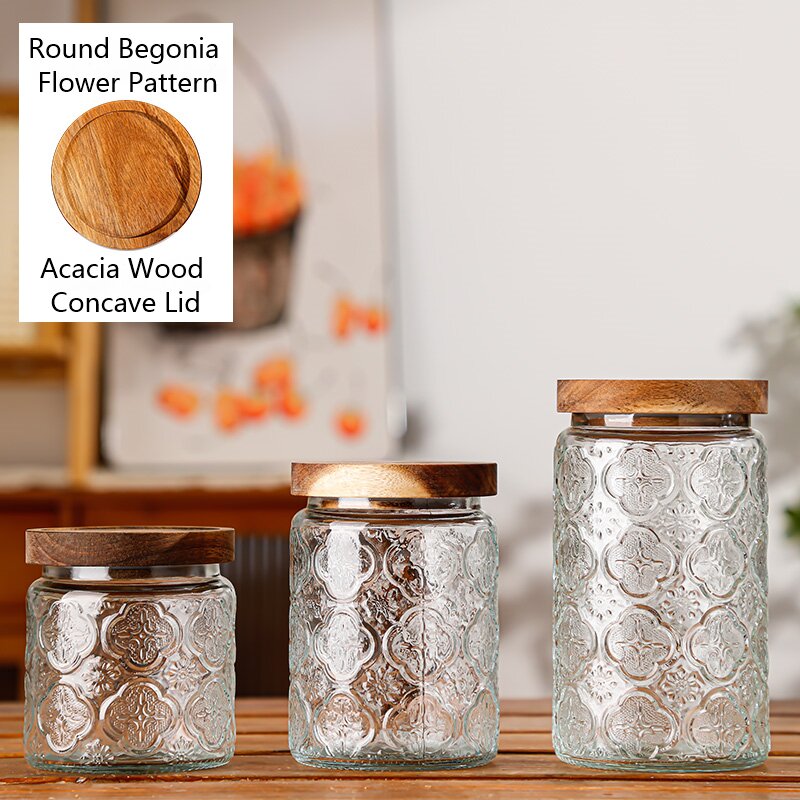 RX036 Vintage Relief Glass Storage Jar - Square & Round Shapes with Wood Lid