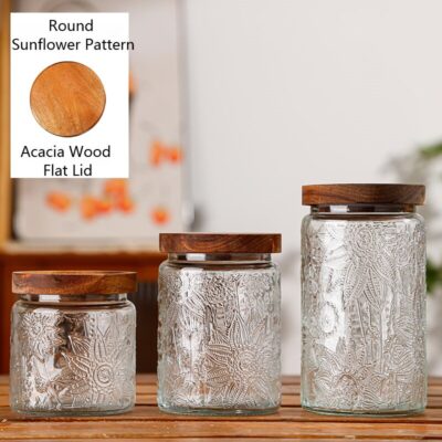 RX036 Vintage Relief Glass Storage Jar - Square & Round Shapes with Wood Lid