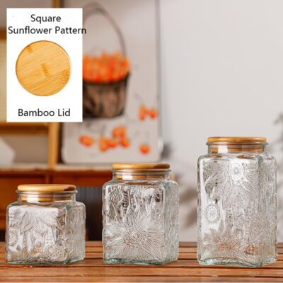RX036 Vintage Relief Glass Storage Jar - Square & Round Shapes with Wood Lid