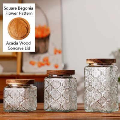 RX036 Vintage Relief Glass Storage Jar - Square & Round Shapes with Wood Lid