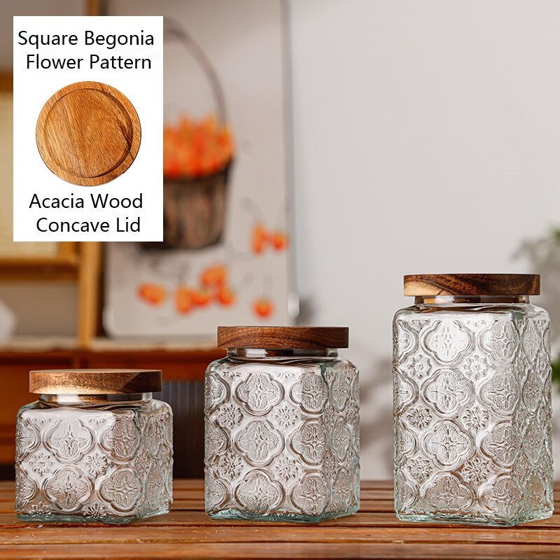 RX036 Vintage Relief Glass Storage Jar - Square & Round Shapes with Wood Lid