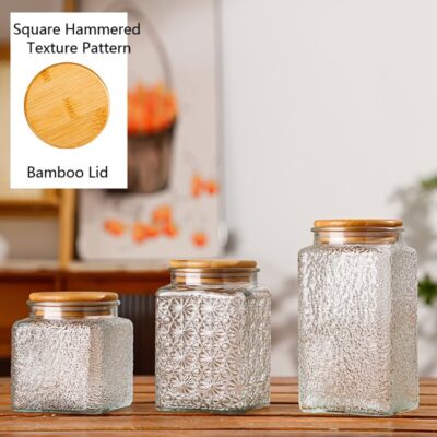 RX036 Vintage Relief Glass Storage Jar - Square & Round Shapes with Wood Lid