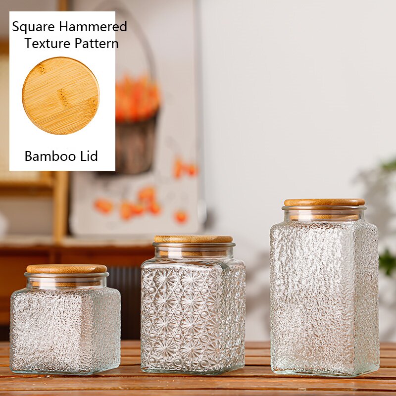 RX036 Vintage Relief Glass Storage Jar - Square & Round Shapes with Wood Lid