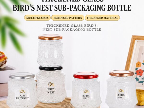 RX034 clear textured glass jars for bird's nest and jam with colorful metal lids in 280ml 380ml 500ml sizes