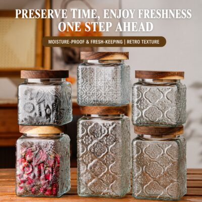 RX036 retro embossed clear glass storage canisters in square and round shapes with acacia wood sealing lids