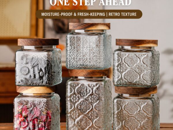RX036 retro embossed clear glass storage canisters in square and round shapes with acacia wood sealing lids