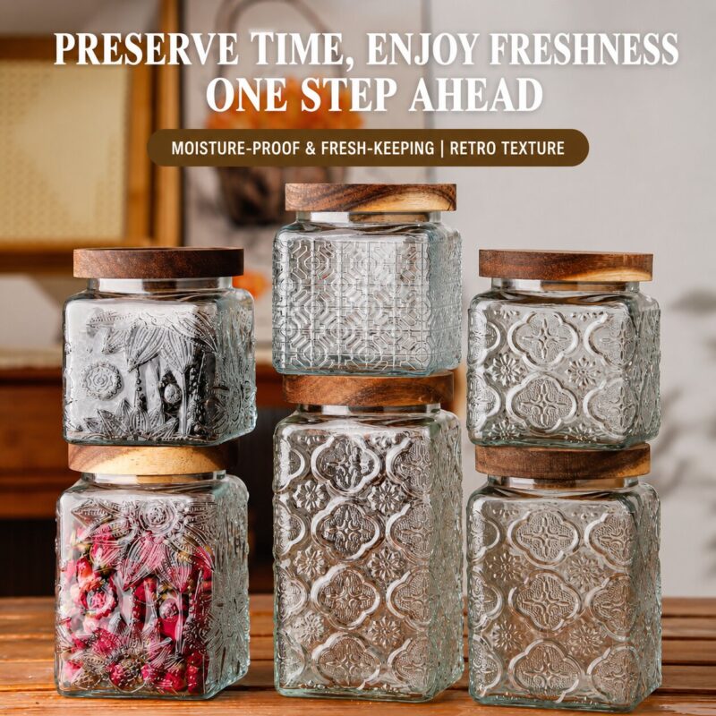 RX036 retro embossed clear glass storage canisters in square and round shapes with acacia wood sealing lids