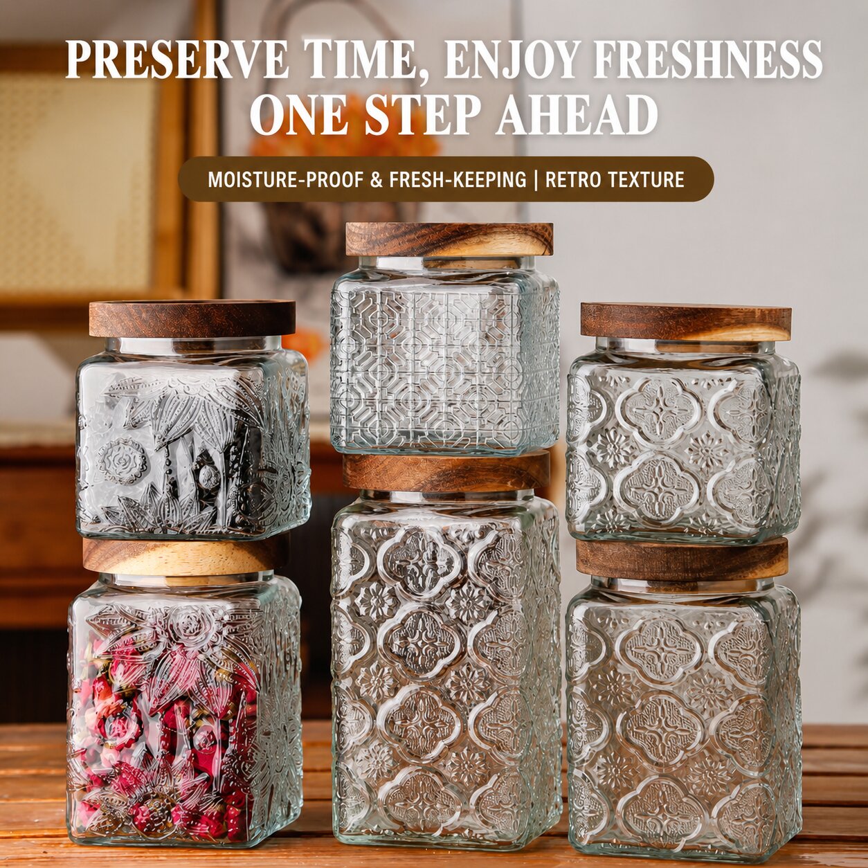 RX036 retro embossed clear glass storage canisters in square and round shapes with acacia wood sealing lids